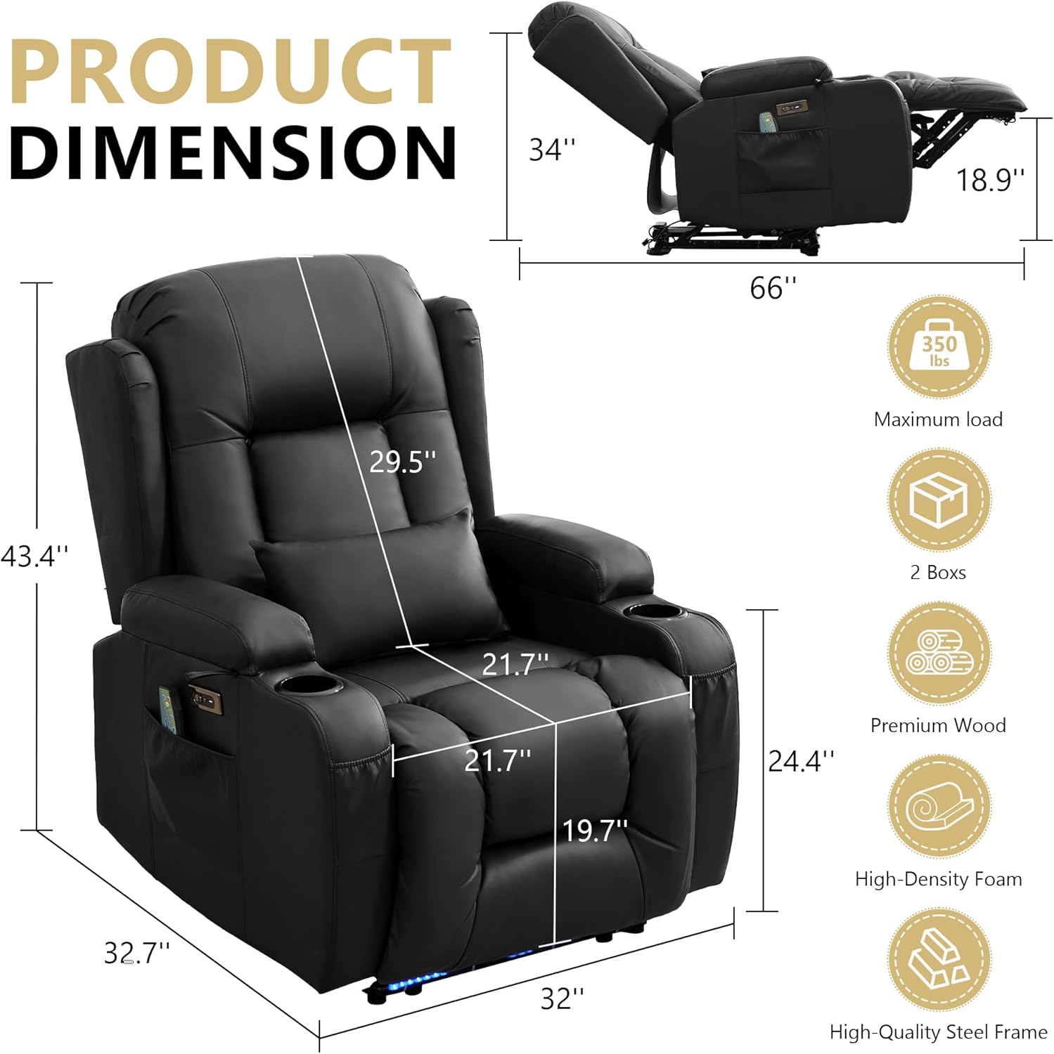Power Recliner Chair with Heat and Massage, PU Leather Recliner Chair with Cup Holder, Reclining Sofa Home Theater Seating LED with Ambient Light, Side Pockets for Living Room and Bedroom, Black