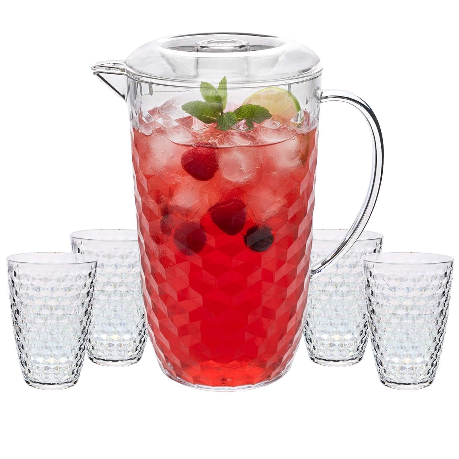 UNIQUE HOME LIVING Clear Acrylic Pitcher 2 Litre Water Jug with Lid, BPA-Free, Juice Jugs with 4 Cups Set for Iced Tea, Lemonade, Cocktails, Cold Beverage Carafe for Fridge - Diamond Design — image 1