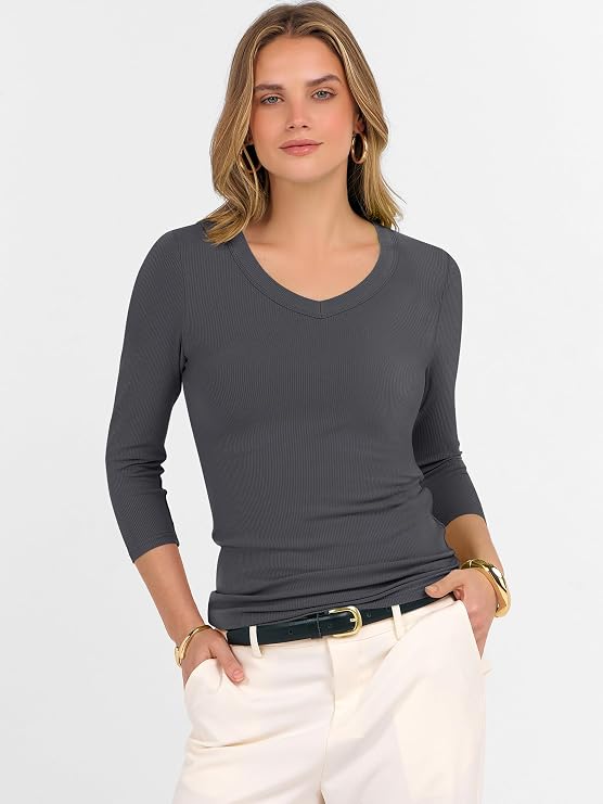 ANRABESS Womens 3/4 Length Sleeve Ribbed Knit Tops&Shirts, V Neck Slim Fit Soft Medium Stretch, Summer Casual Basic Outfits