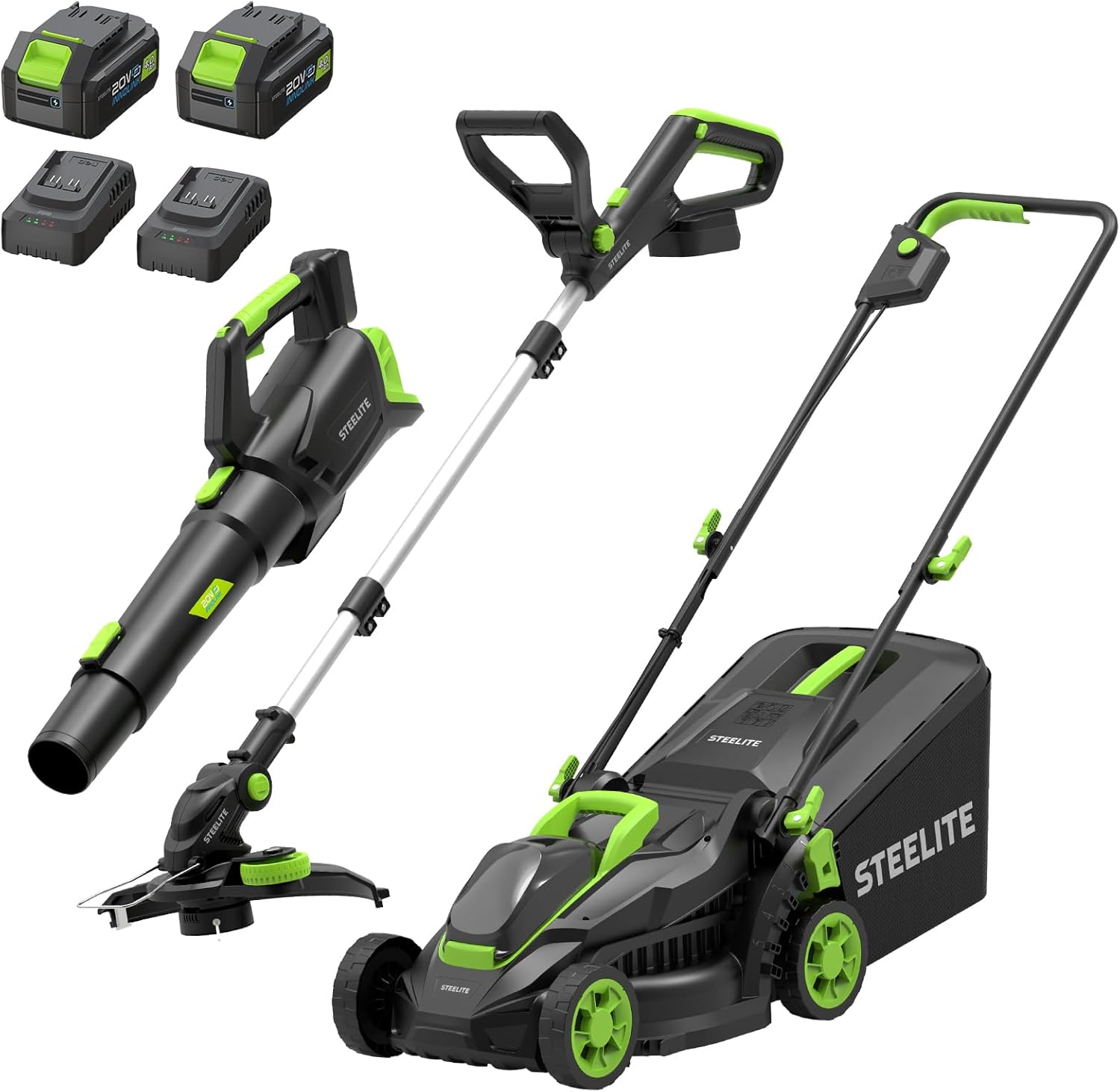 STEELITE 3-in-1 Electric Lawn Mower, Trimmer & Blower Combo, 21V Brushless Yard Tool Kit with 2 x 4.0Ah Batteries & 2 Chargers, Mulching Mower, Edger/Trimmer & Blower for Small Yards