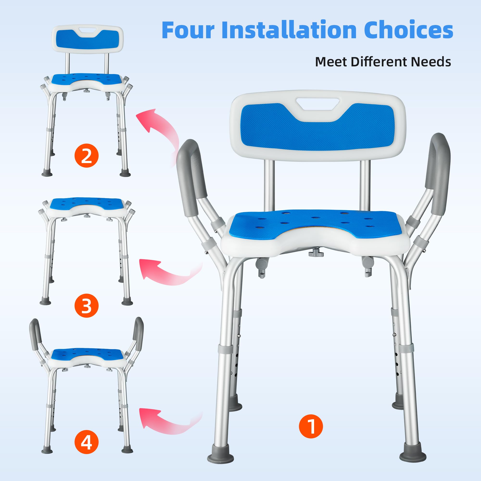 Silla Ducha Personas Mayores Asiento en U Taburete de Baño Antideslizante con Altura Ajustable de 6 Niveles y Reposabrazos Asiento de Ducha Regulable para Ancianos y Discapacitados