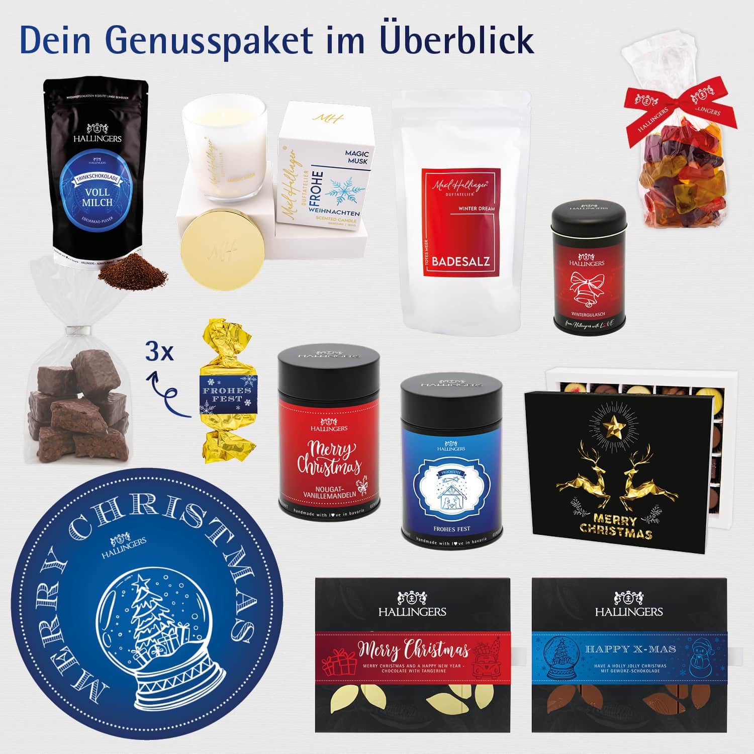Hallingers Genuss Manufaktur Feinkost Weihnachts-Geschenk-Set - XXL-Geschenkkorb "Merry Christmas" große Selektion Pralinen, Lebkuchen, Gewürz, Nougat, Badezusatz & mehr, Weihnachten für Frauen Männer
