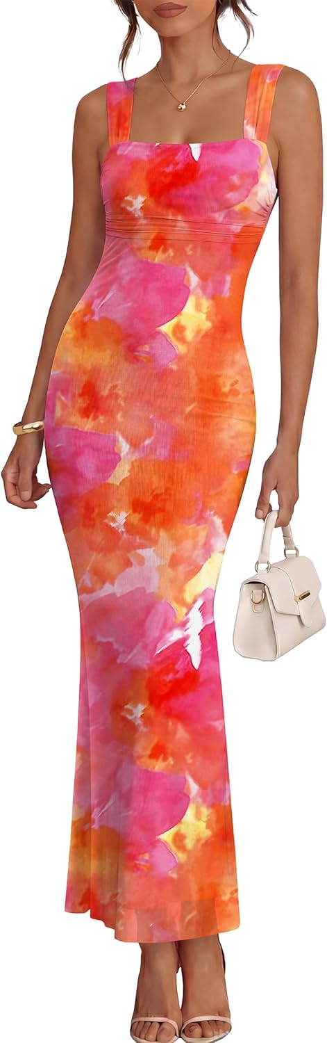 Caracilia Dresses for Women Summer 2026 Sleeveless Mesh Bodycon Floral Maxi Formal Wedding Guest Dress Party Spring