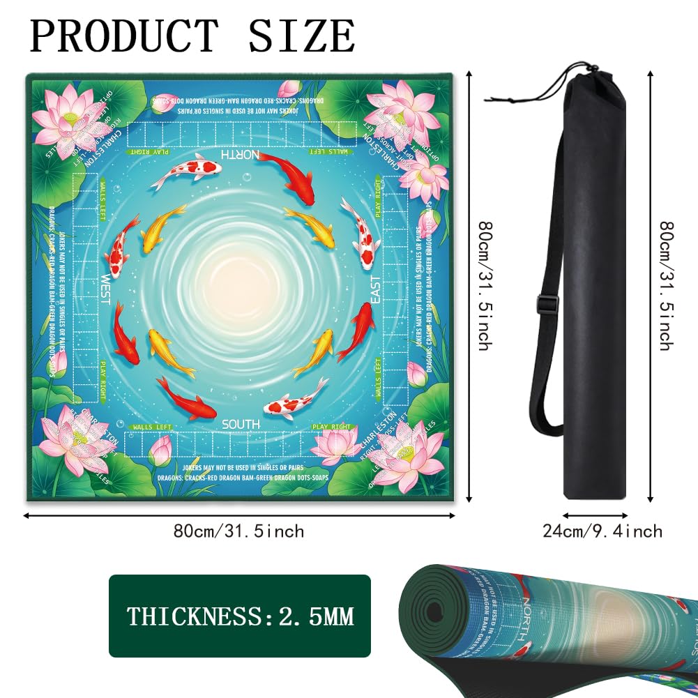 FINGERINSPIRE Tappetino portatile Mahjong con motivo pesce loto, con borsa per il trasporto, 80 x 80 cm, antiscivolo, antirumore, in stile cinese, adatto per giochi di carte