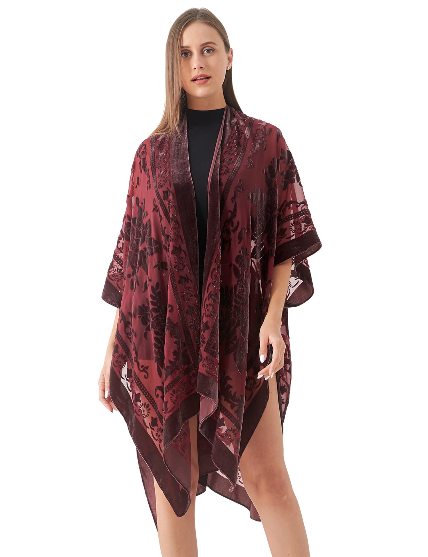 WeHello Women's Burnout Velvet Kimono Long Cardigan Cover Up