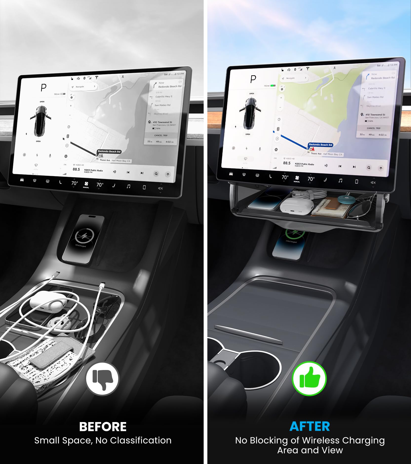 Scatola portaoggetti nascosta sotto lo schermo per Tesla, organizer per console centrale con cuscinetto in silicone antiscivolo nero Accessori per Tesla Model Y Model 3 2023 2022 2021 Vassoio