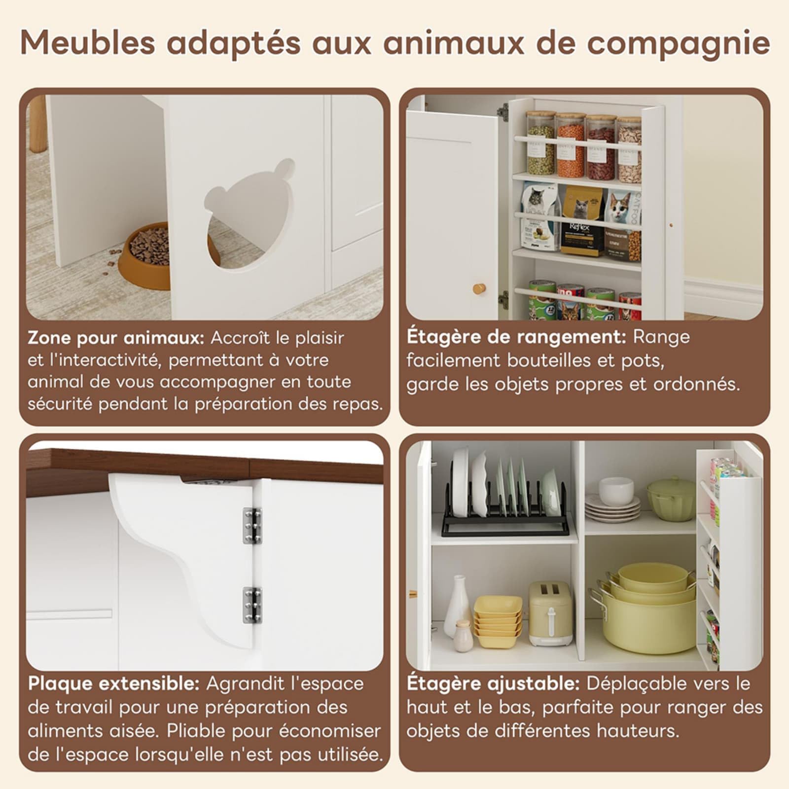 PUGSDRLY Îlot de Cuisine 120x40x90cm, avec Plan de Travail Escamotable, 3 Tiroirs, 2 Portes, Meuble Bar avec Rangement Épices et Espace Repas Intégré, pour Cuisine ou Salon (White + Deep Walnut)