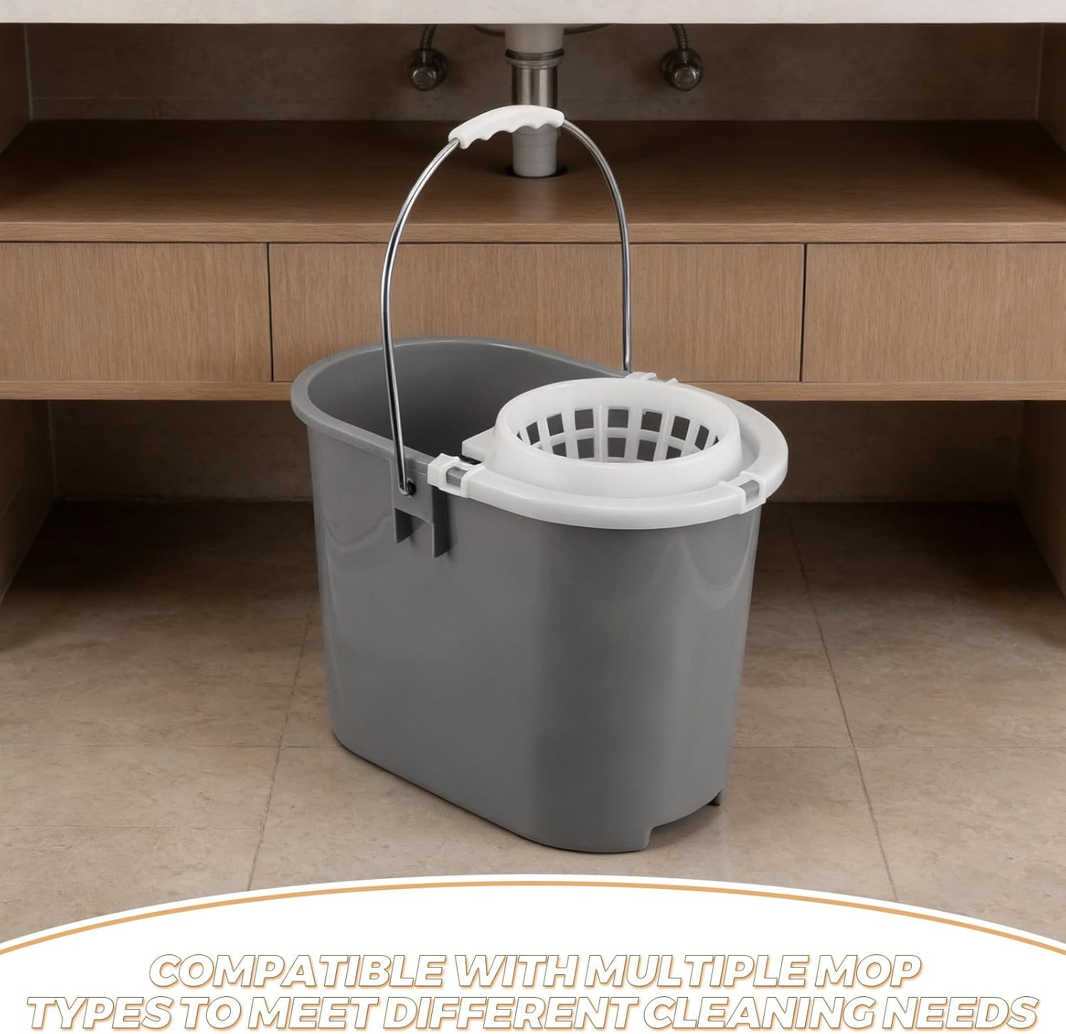 Holibanna Mop Bucket Replacement: Plastic Cleaning Barrel with Handle - Mopping Water Container with Side Press Basket for Round Housekeeping Commercial Cleaning (Grey)