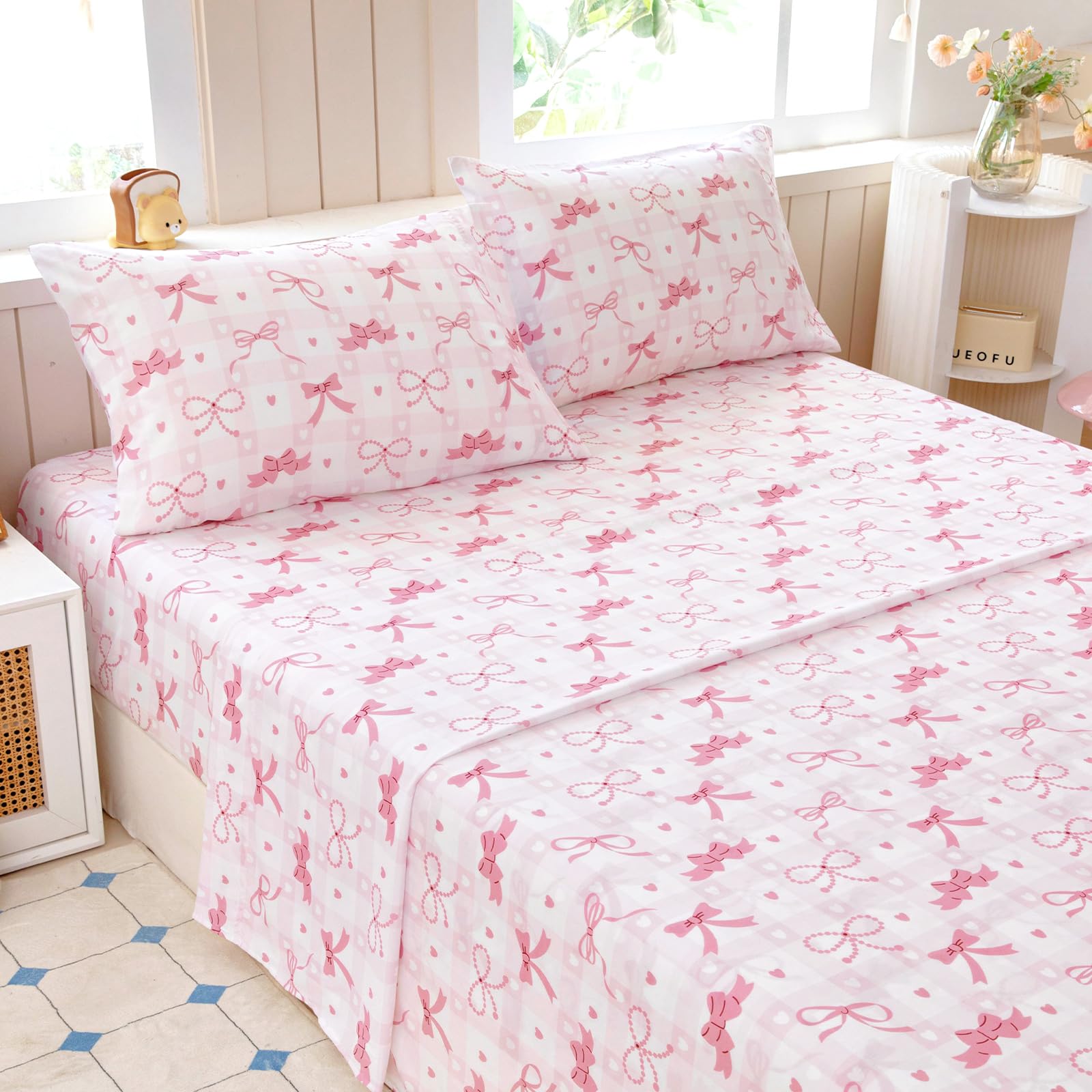 Queen Sheet Set Kids - Pink Check 4 Pieces Soft Microfiber Cartoon Style Bedsheets for Boys Girls Teens