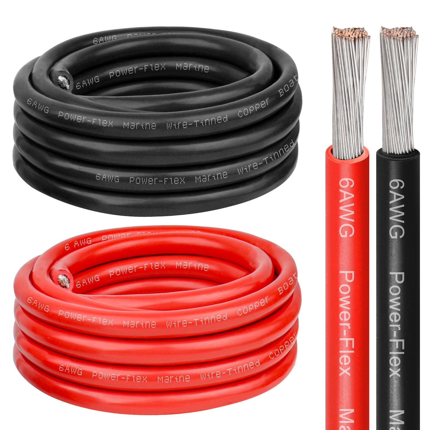 6 Gauge Marine Wire, 6 AWG Tinned Copper Electrical Wire, Boat Cable for Automotive, Solar, Car Audio, Trailer, Camper & Marine Wiring(6 AWG, 10FT Red + 10FT Black)