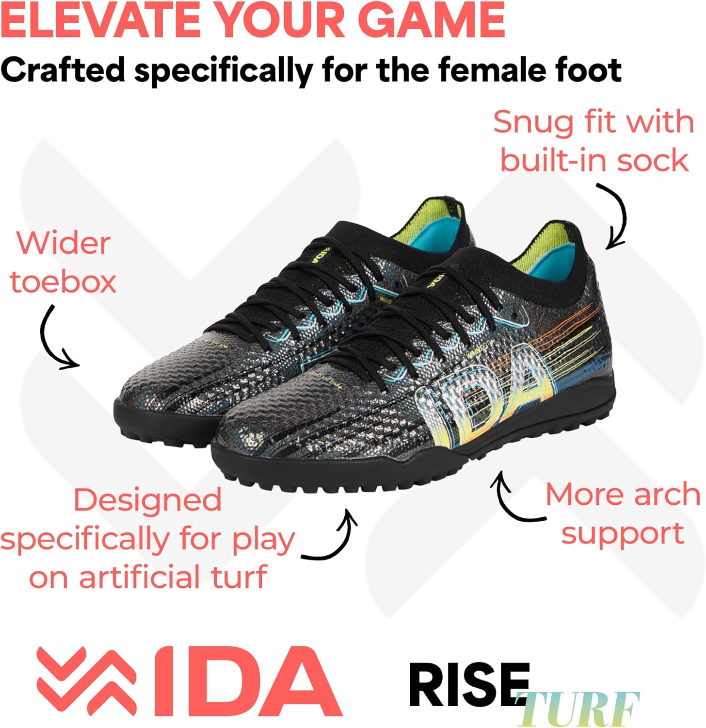 IDA Rise Turf Women’s Soccer Cleats, Indoor Cleats with Built-in Sock, Rubber Sole Turf Football Shoes for Artificial Ground