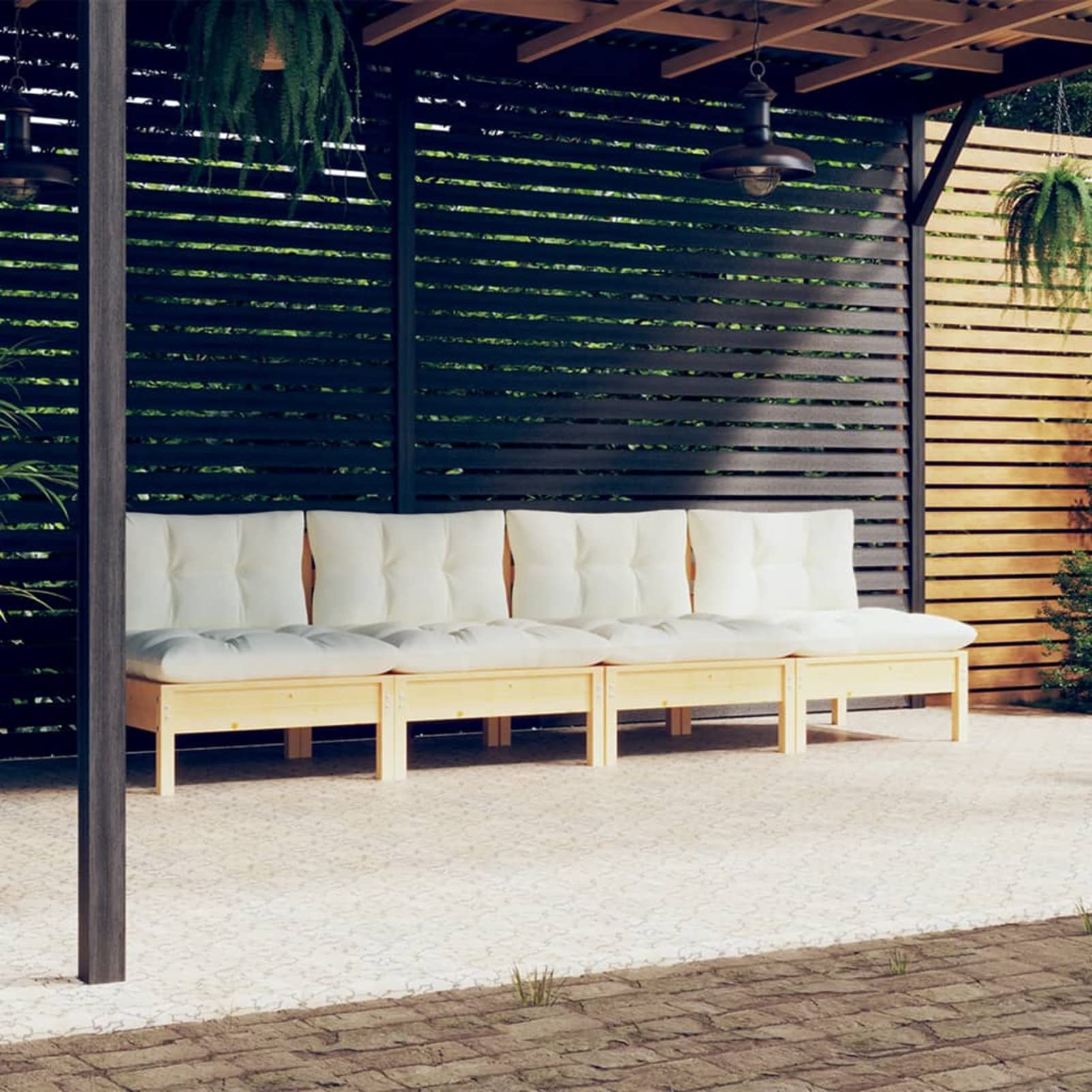 Divano da Giardino a 4 Posti con Cuscini Crema Massello di Pino,Divano Pallet Modulare da Giardino con Posti in Legno di Pino Impregnato con Cuscini,Divano Modulare Giardino da Esterno,Divano in