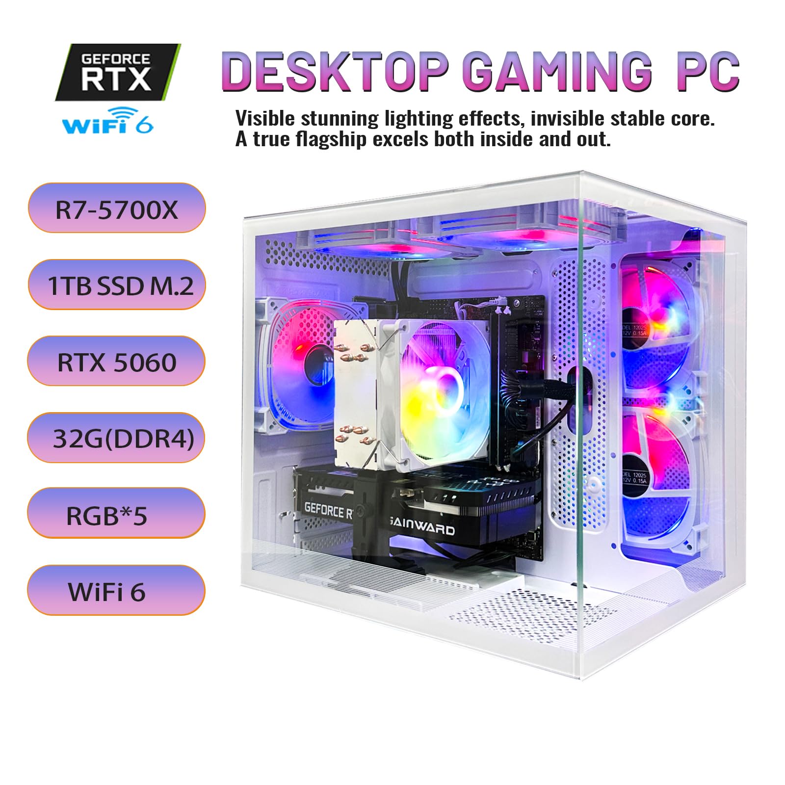 High End Desktop Computer | Ryzen 7 5700X + RTX 5060 8G | 32GB DDR4 + 1TB SSD | WIFI6| Streaming Office VR Home Video 5K Editing Gaming PC