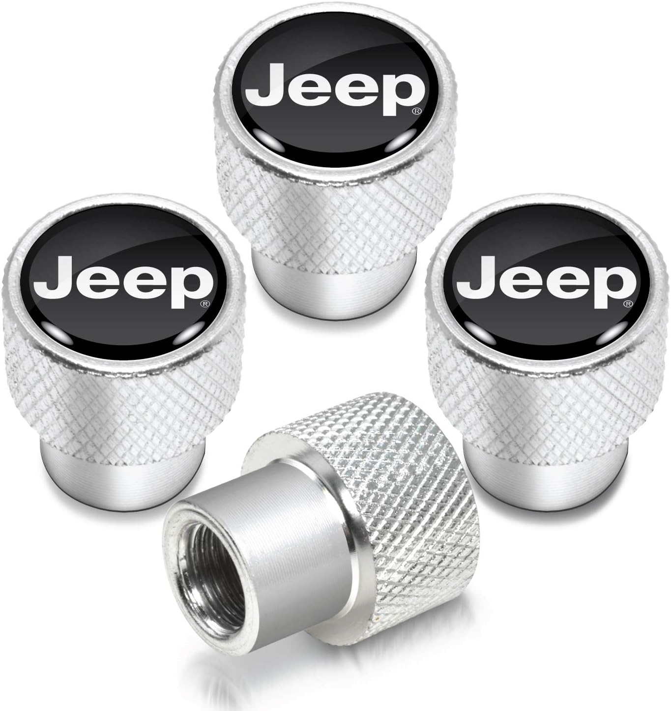 iPick Image for Jeep in Black on Shining Silver Aluminum Tire Valve Stem Caps