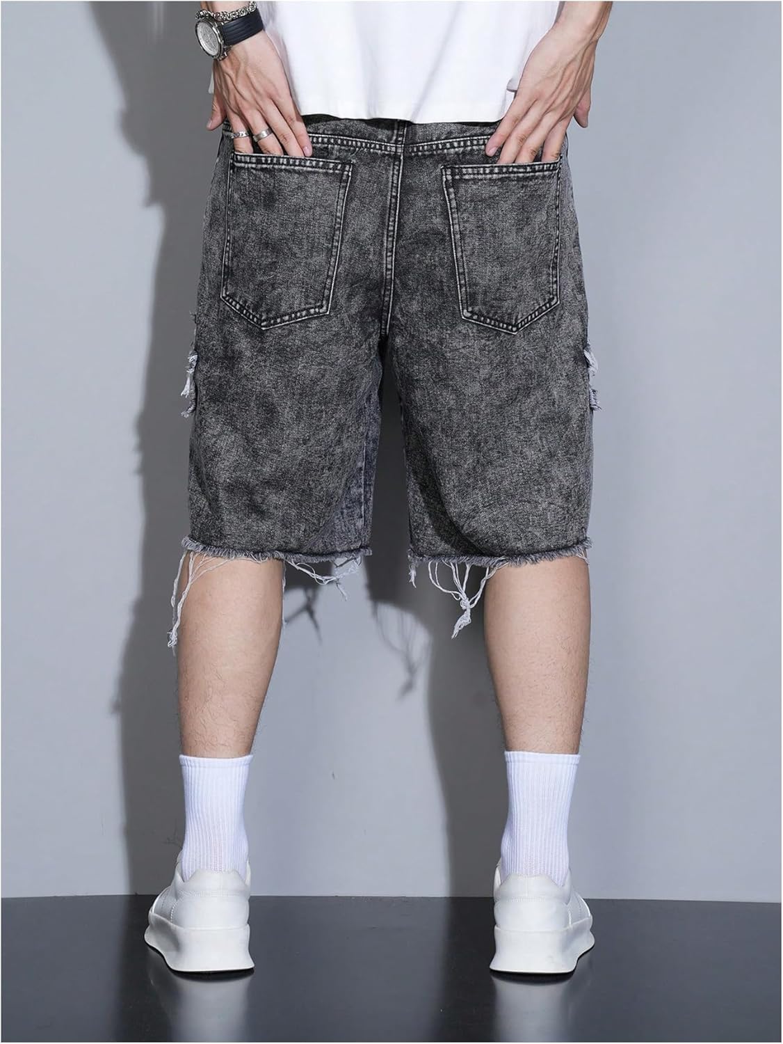 Men's Star Distressed Denim Shorts Straight Leg Streetwear Loose Jean Shorts - Image 2