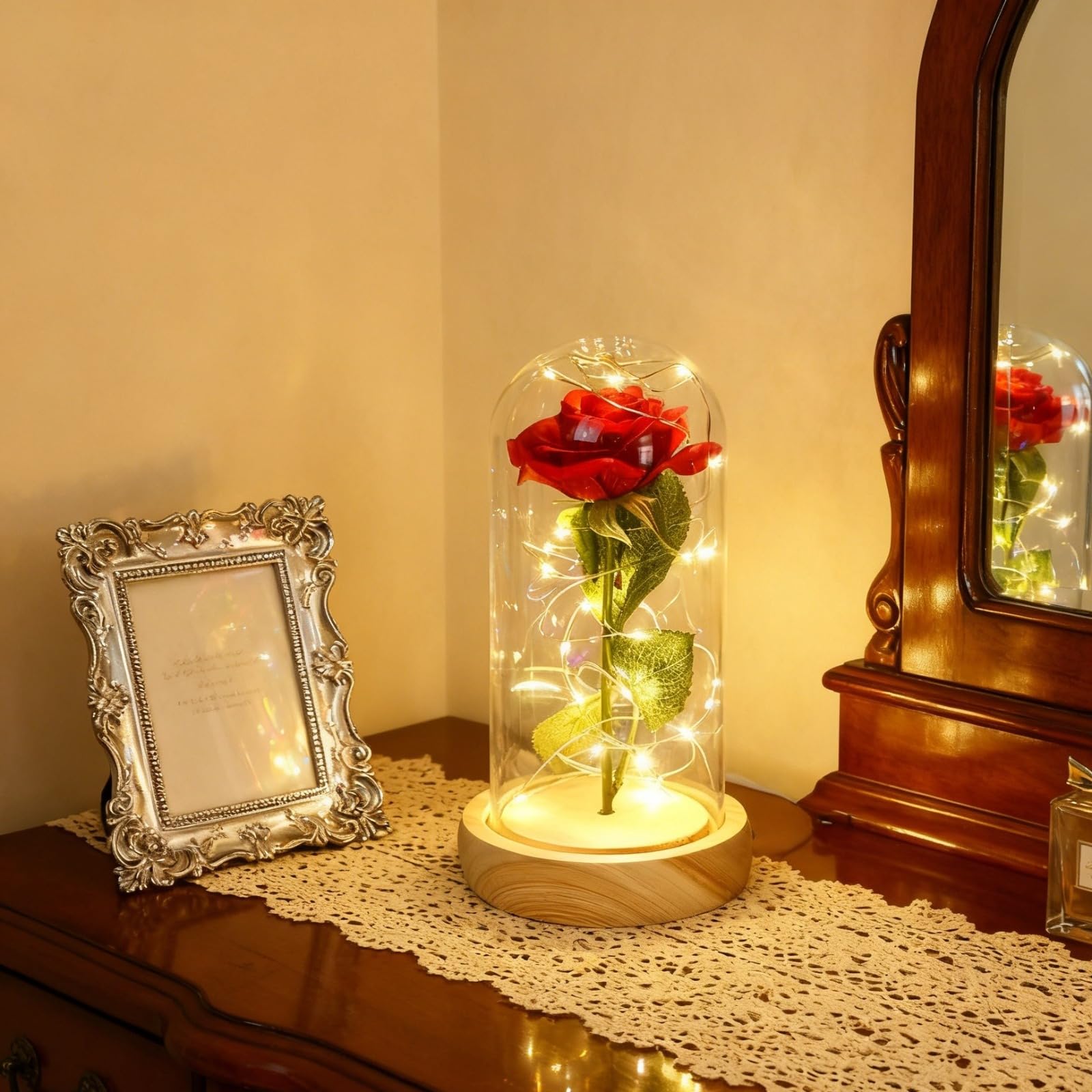 La bella e la bestia rosa, fiori per sempre rosa in Cupola trasparente con striscia luminosa a LED, per San Valentino, anniversario di matrimonio, festa della mamma, decorazioni per l'ufficio a casa