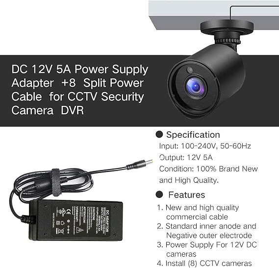 Security Camera Power Adapter 12V 5A w/ 8-Way Power Splitter Cable Power Supply, Fits DVR/NVR/AHD/TVI CCTV Security Camera System, LED Strip Lights, UL Listed