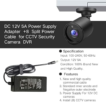 Security Camera Power Adapter 12V 5A w/ 8-Way Power Splitter Cable Power Supply, Fits DVR/NVR/AHD/TVI CCTV Security Camera System, LED Strip Lights, UL Listed
