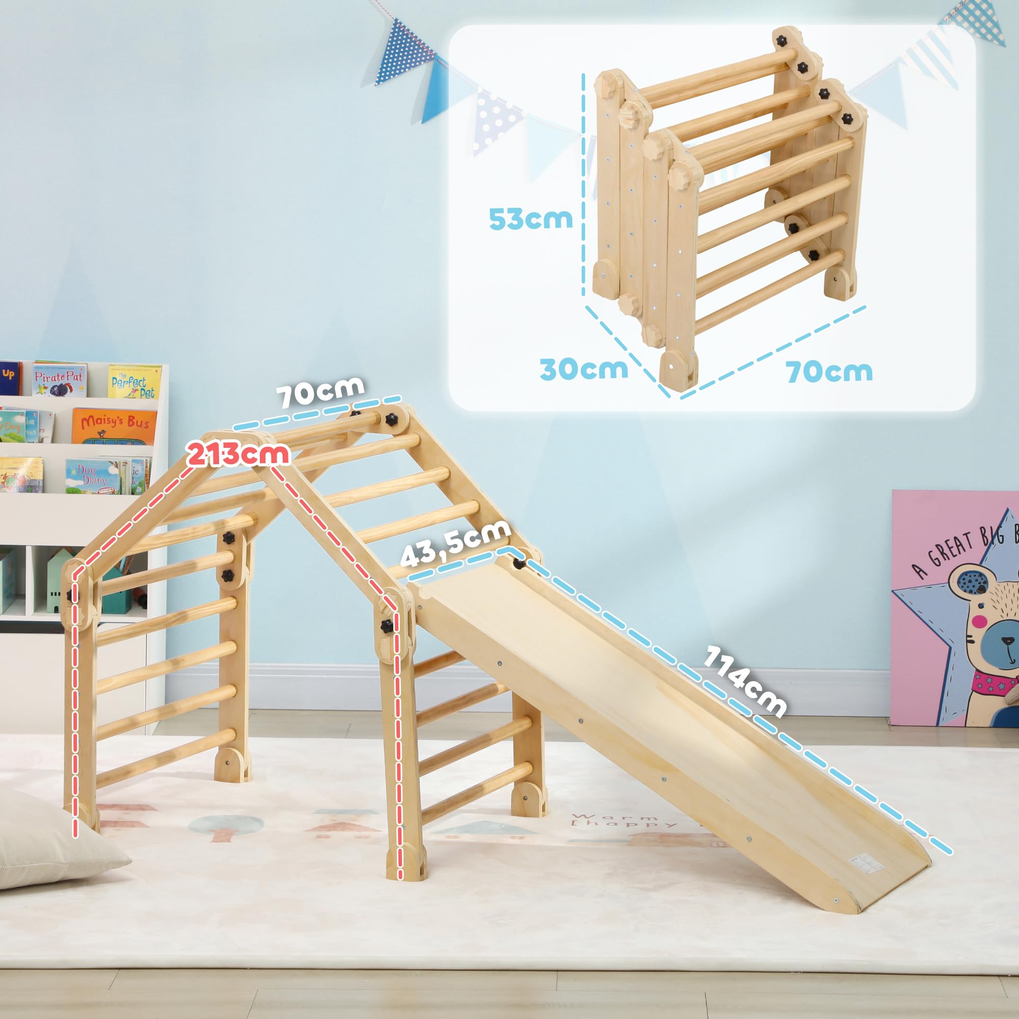 AIYAPLAY 3 in 1 Montessori Klettergerüst mit Rutsche für 1,5-4 Jahre | Indoor, Holz Kletterdreieck, Kletterwand, Indoor Spielplatz, für Kleinkinder und Kinder