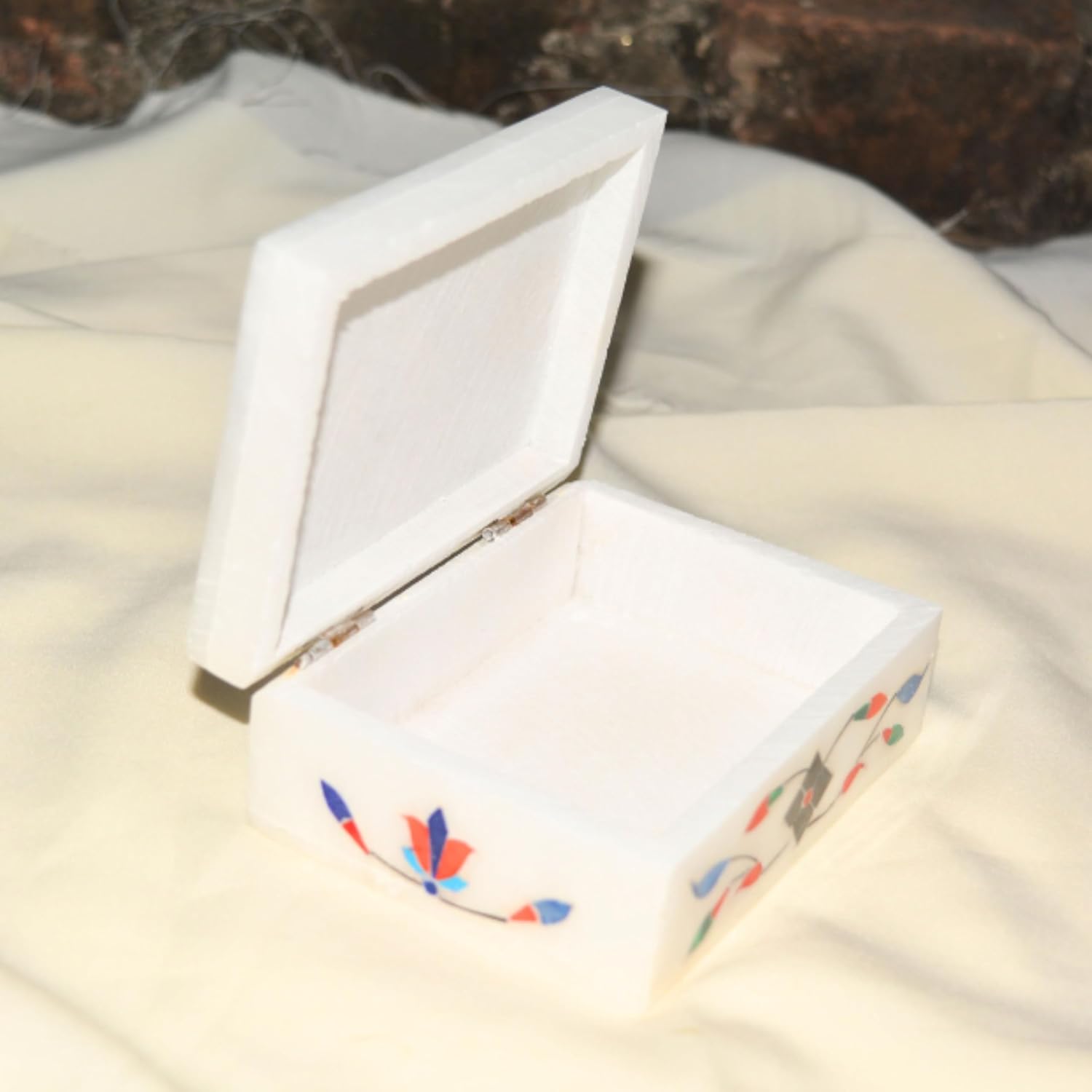 Marble Inlay Jewelry Box 4x3 – Handmade Floral Trinket & Ring Organizer, Shiny Decorative Marble Box, Unique Inlay Art, Perfect Birthday Gifts & Elegant Home Decor for Women