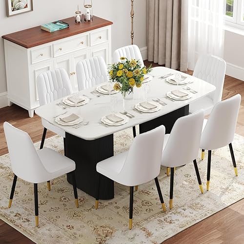 Miniatura 30 de Ebullient Juego de mesa de comedor blanca de 67'' para 6, juego de sillas de mesa de cocina con elegante base de pedestal ondulado, juego moderno