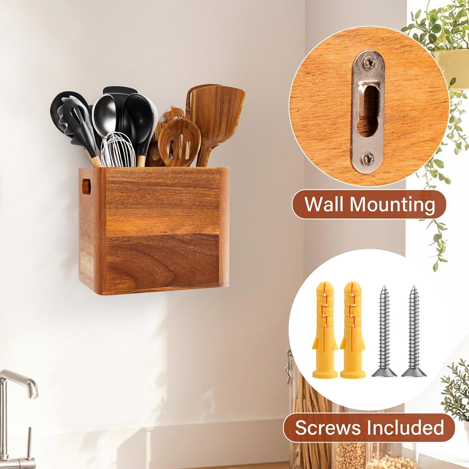 Utensil Holder for Kitchen Counter or Wall - 2 Compartment Small Utensil Holder, Farmhouse Kitchen Countertop Organizer for Storage Spoons Spatulas, Acacia Wood Utensil Crocks, Housewarming Gifts