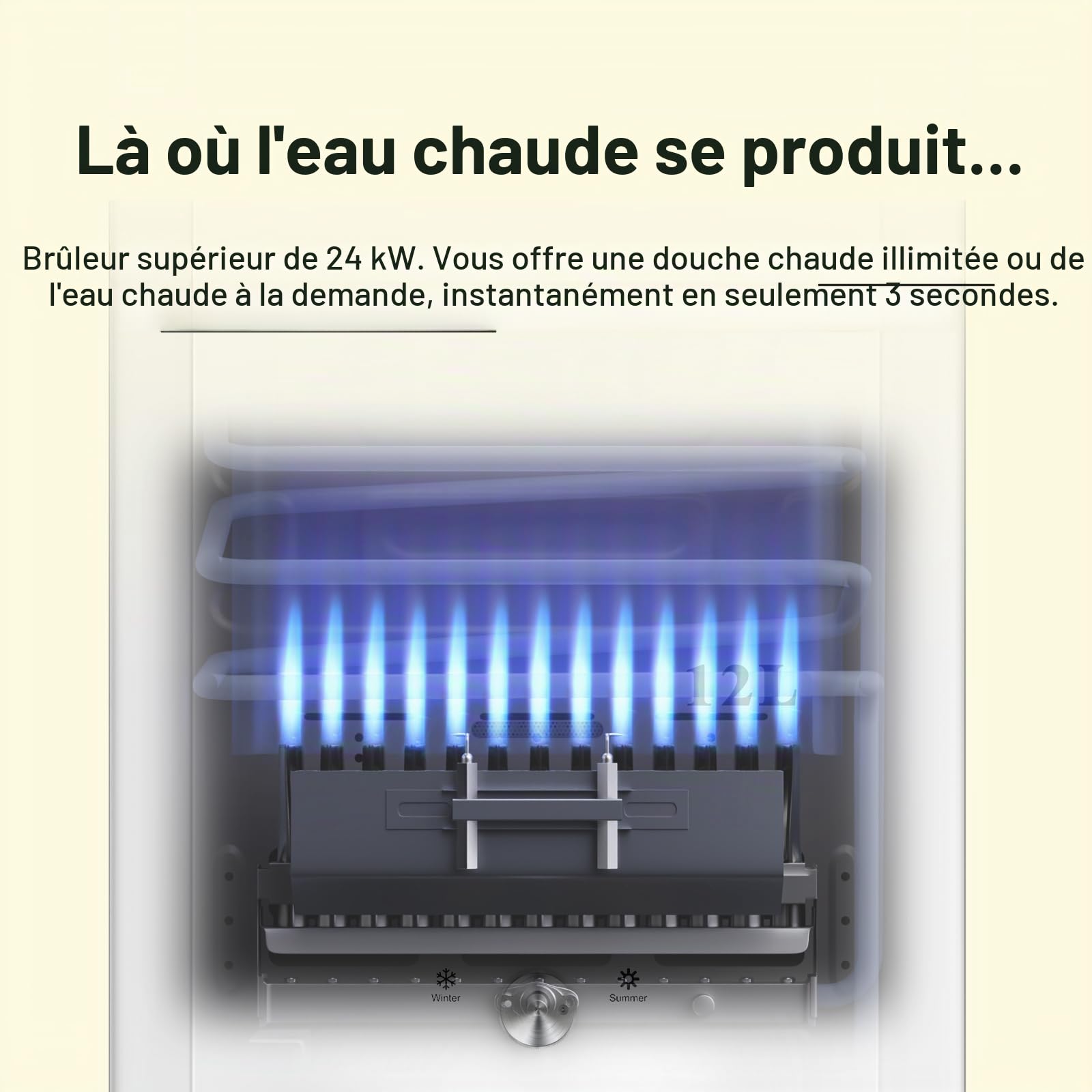 Xverycan Chauffe eau Gaz 12 LPM, 24 KW Chauffe eau Instantané GPL, Fonctionne dès 0,25 Bar de Basse Pression, Double Allumage, Mode Saison pour Économiser le Gaz, pour Maison et Camping Car