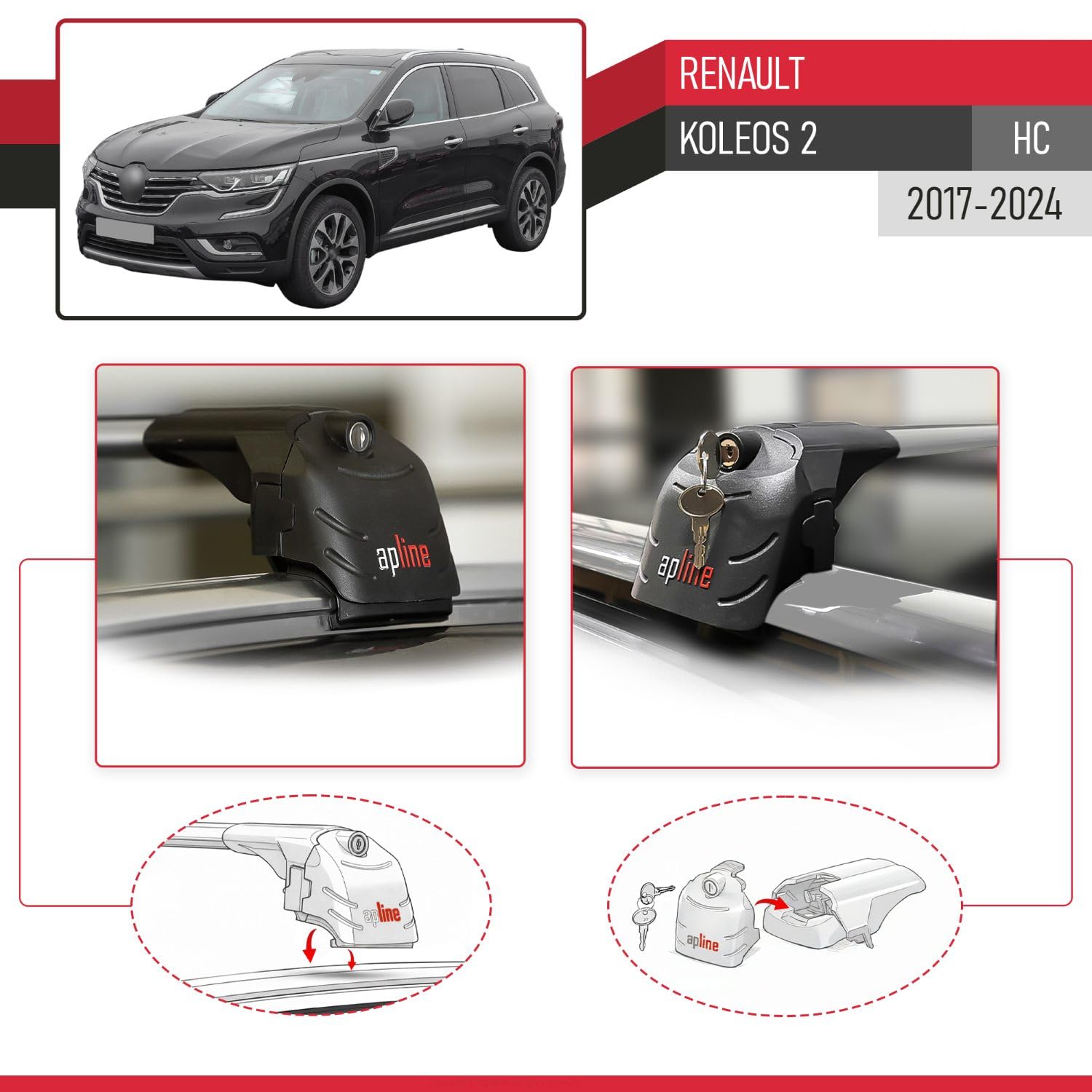 Compatible con Renault Koleos 2 (HC) 2017-2024 Modelo Ace-2 Barra de Techo Auto Portaequipajes Barras Transversales Gris Aluminio 2 Barras