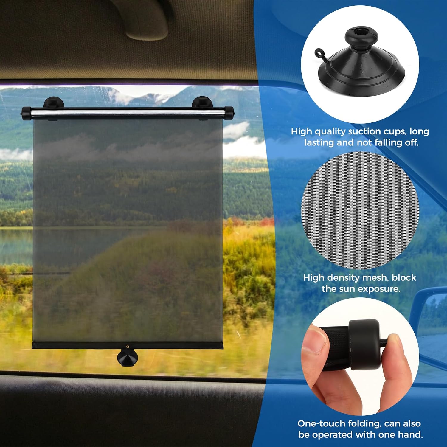 2 Pack Manual Retractable Car Side Window Sun Shade, 15.7" x 17.7" Roller Sunshade with Suction Cups, Blocks Heat & UV Rays, Light Glare Reduction for Baby Kids Pets, Suitable for Most Cars, SUVs
