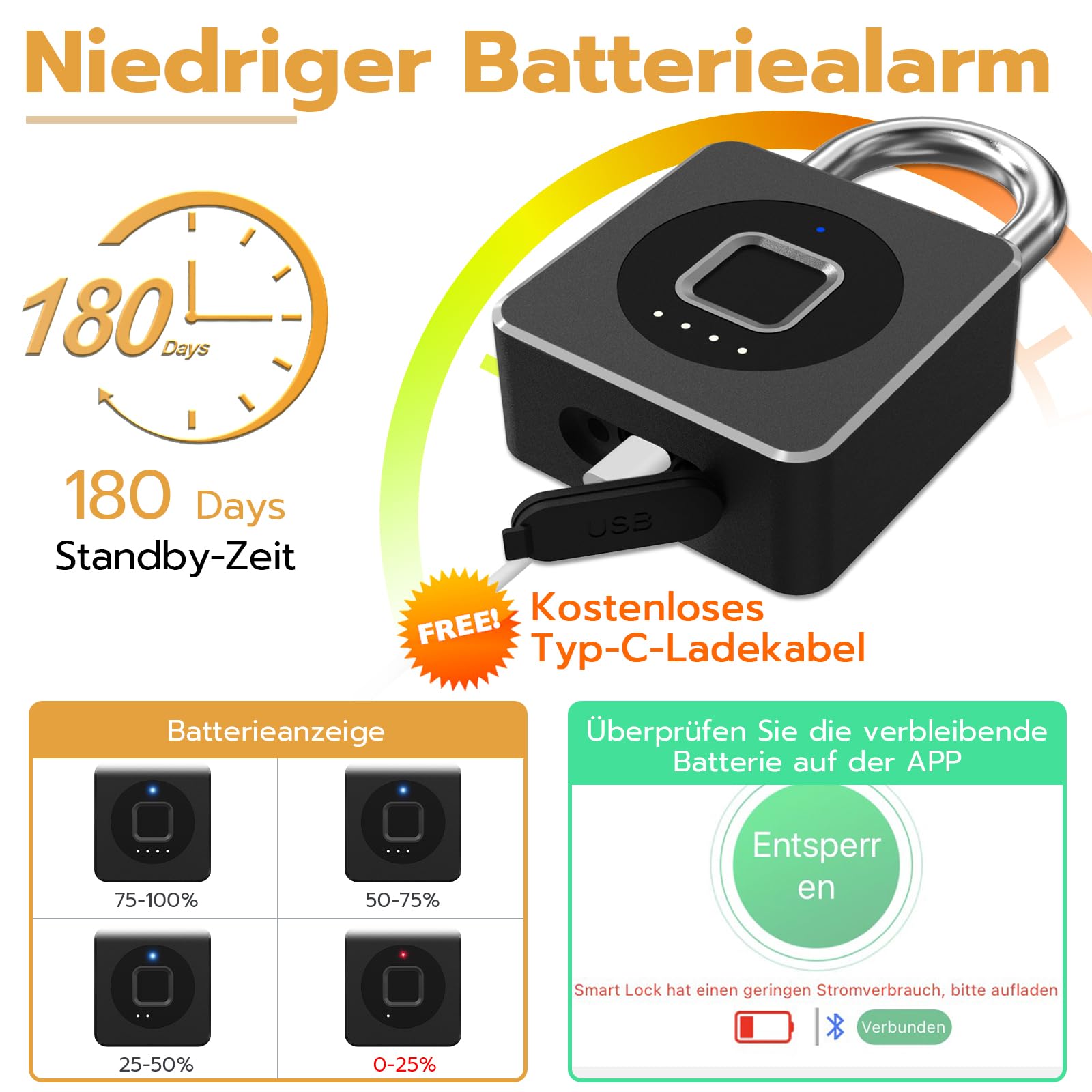 Anweller Cadenas à empreintes digitales, cadenas avec empreintes digitales et application, résistant aux intempéries pour casier, cave
