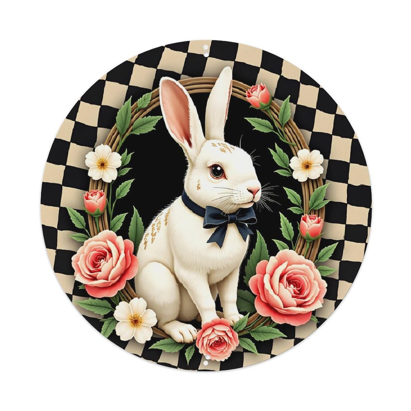White Rabbit Floral Checkered Pattern Tin Sign Metal Poster Vintage Metal Signs for Home Man Cave Bar Cafe Kitchen laundry room Wall Decorations 8x8 inches