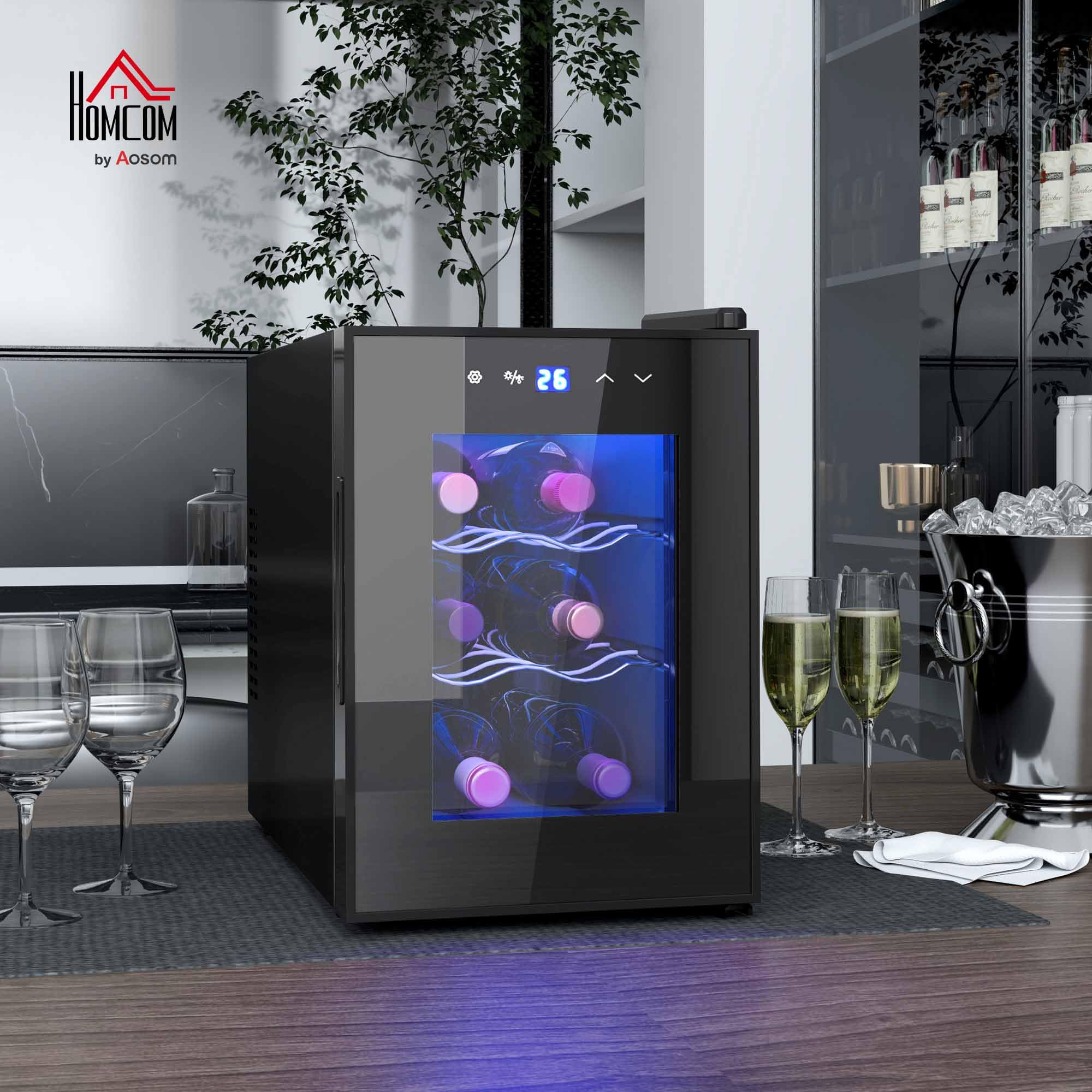 HOMCOM Vinoteca 6 Botellas, Nevera para Vinos con Doble Refrigeración Termoeléctrica, Temperatura Ajustable 8-18℃, Puerta de Vidrio, Anti-UV, Pantalla LED, Luz Interior, Negro