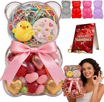 Large Gummy Bear Containers Plastic, Clear Gummy Bear Shaped Candy Holder for Valentines Day, Reusable Gift Box for Candy, Party Favors & Festive Storage, Big Plastic Bear Container with Lid White