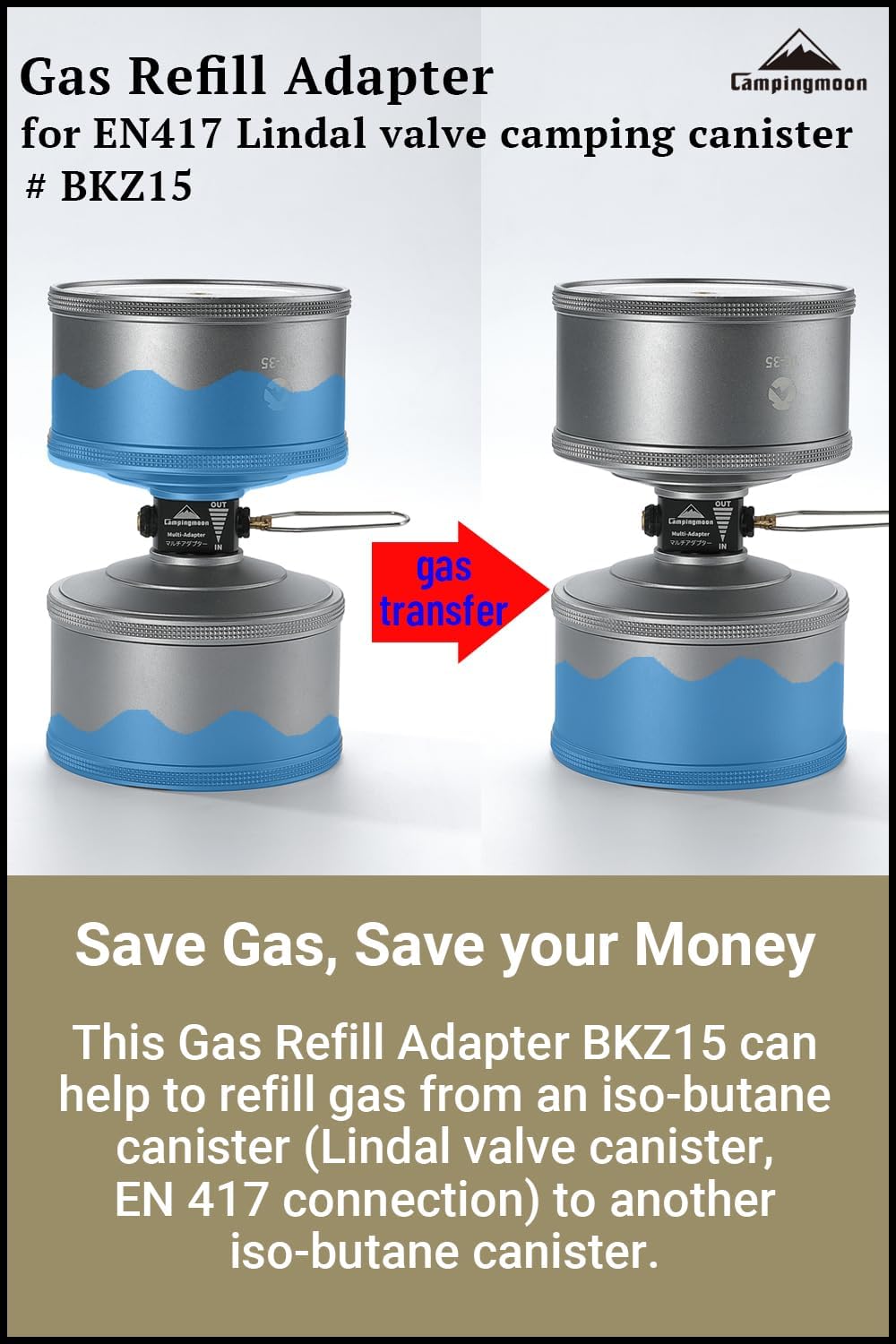 camping moon Fuel Canister Refill Adapter EN417 Lindal Valve | Choose the setup matching your fuel source