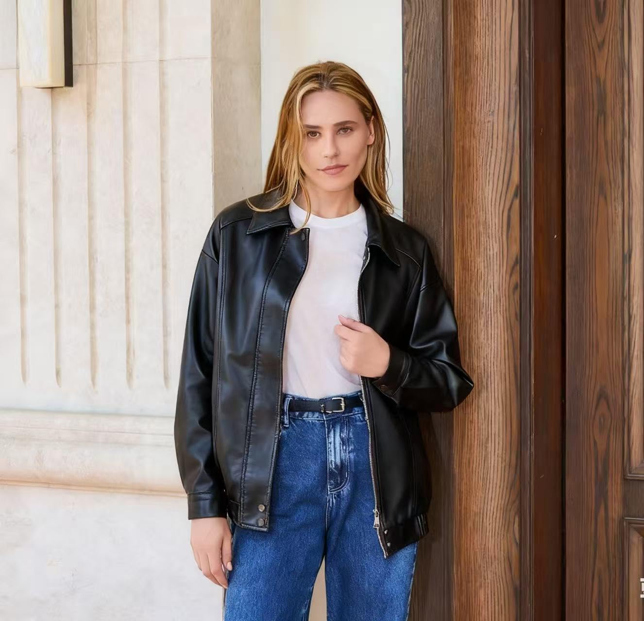 Blouson bomber surdimensionné en similicuir pour femme, style urbain décontracté avec fermeture éclair, taille L
