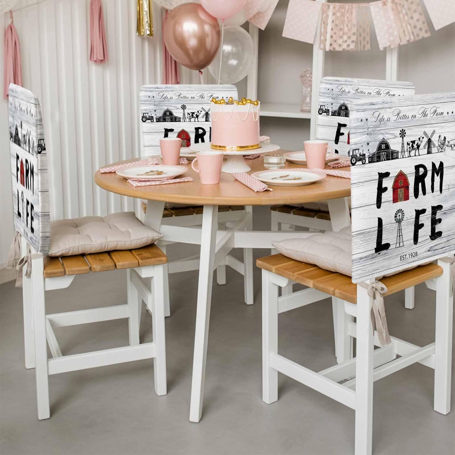 Chair Back Covers Set of 6, Farmhouse Life Washable Removable Chair Covers for Dining Room, Barn Animals Grey Vintage Wooden Decorative Dining Chair Slipcover for Kitchen, Home, Hotel, 20x19 Inch