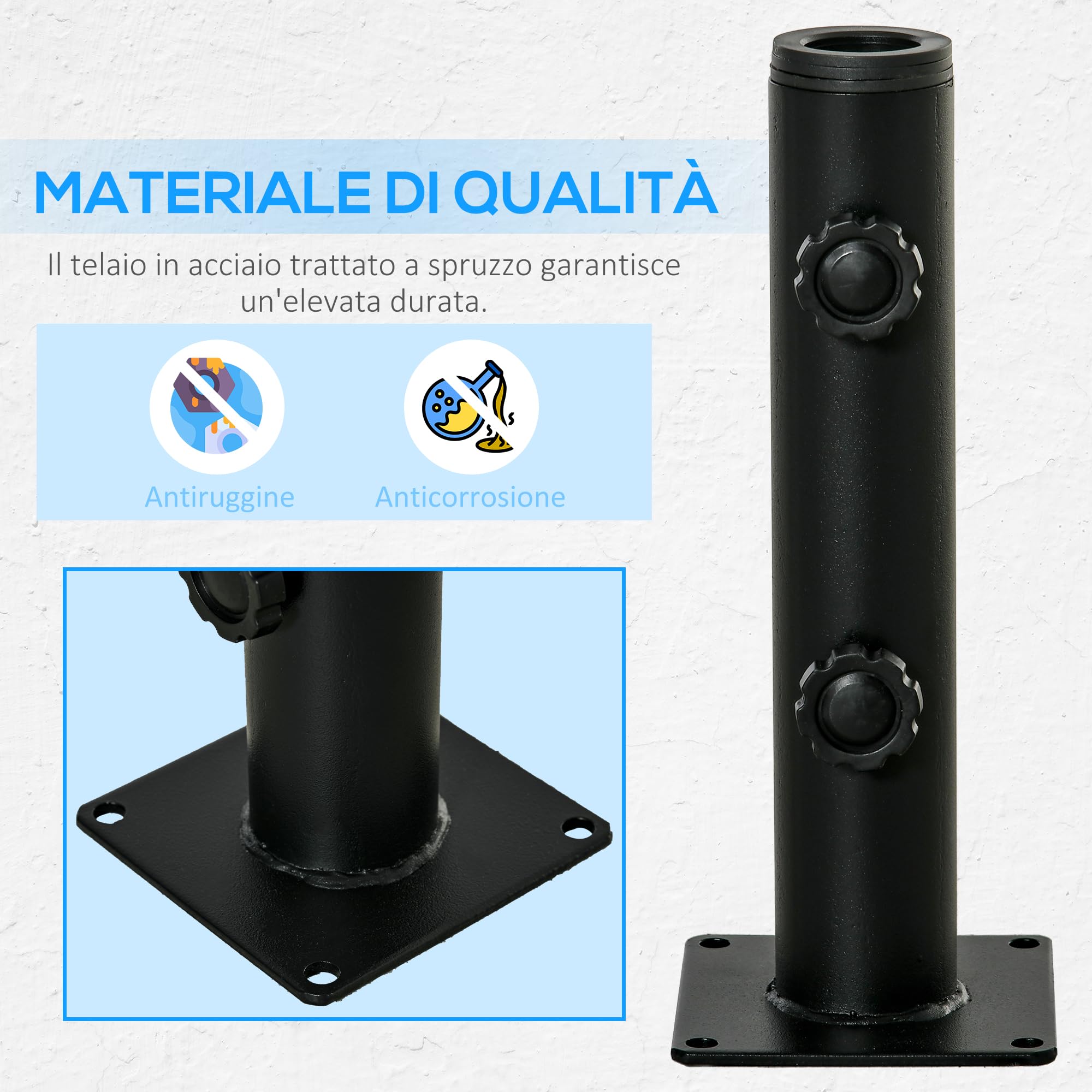 Outsunny Base per Ombrellone, Basamento per Ombrellone in Metallo, per Pali di Ombrelloni da Ø34/38/48 mm, per Patio, Pontile, Giardino e Cortile, Nero