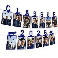 Graduation Photo Banner Class of 2026 Banner for Grad Decorations 2026 Pre-Strung K-12th Graduations Picture Banner for Middle High School College Graduation Party Supplies Blue 10 Feet