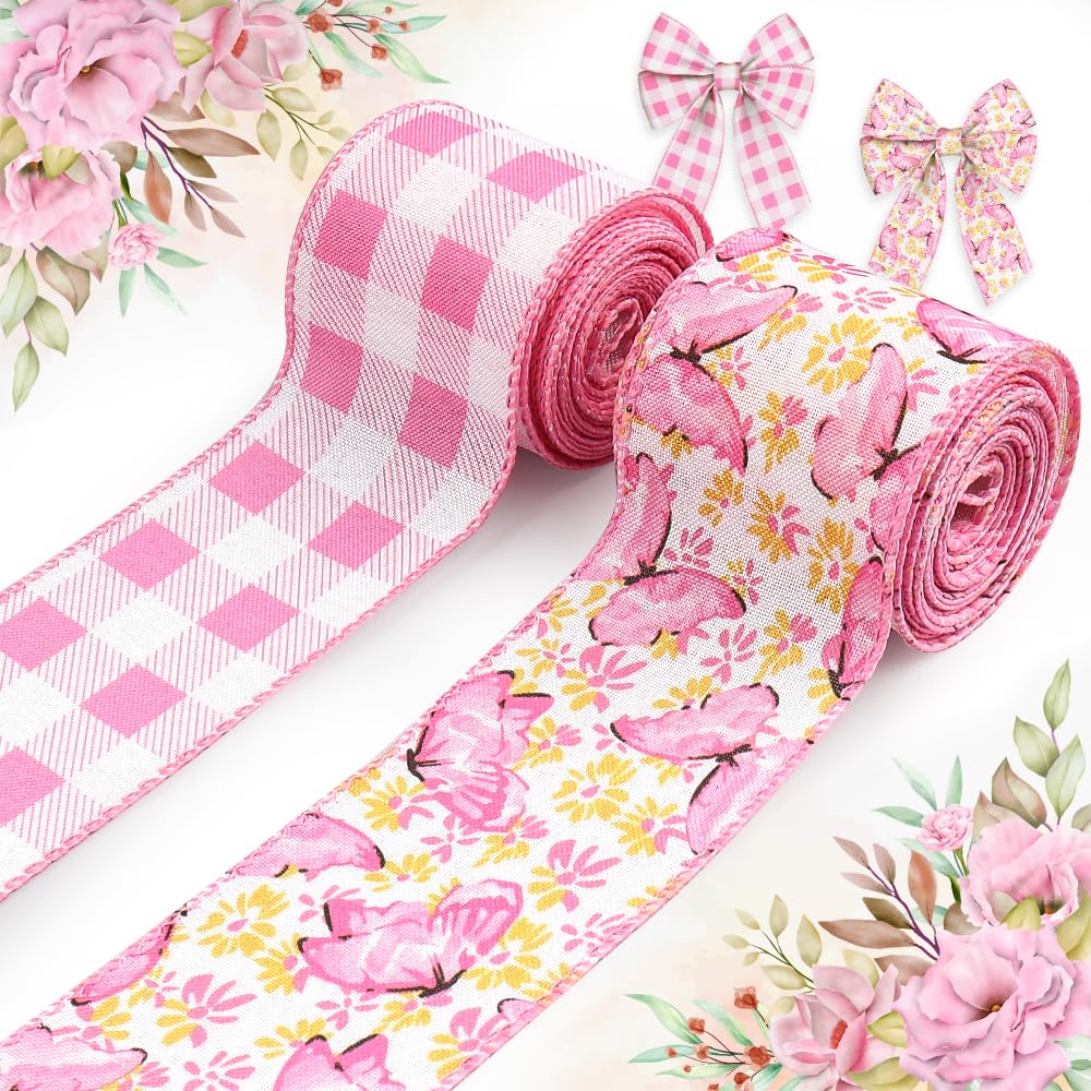 Hying 2 Rolls Spring Flowers Ribbons for Wreath Bows, 2.5"×10 Yards Wired Edge Ribbons Pink Buffalo Plaid Ribbon Floral Butterfly Craft Ribbons for Crafting Spring Wedding Decorations Supplies