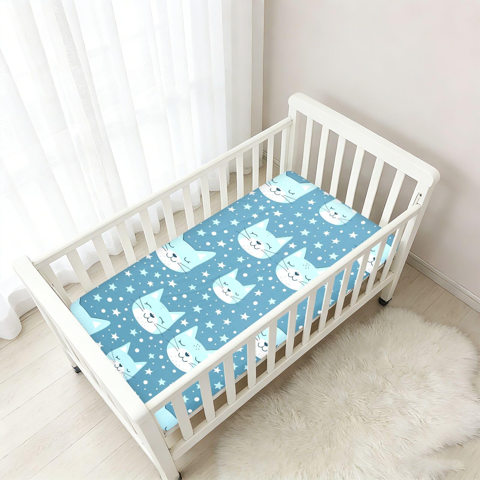 Blue Cats Stars Lenzuola per culla in cotone ultra morbido per lettino per bambini per la cameretta dei bambini, confezione da 1