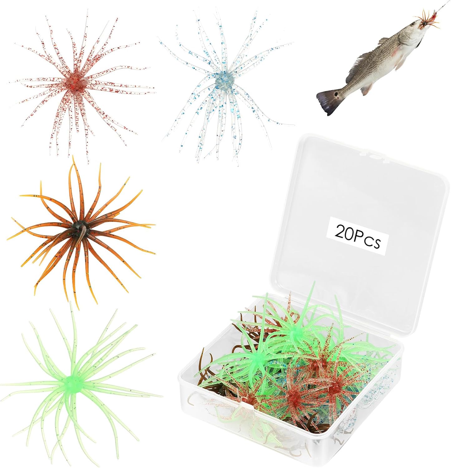 20Pcs Sea Urchin Baits for Bass Fishing, Creature Baits,Dice Fishing Lure | 2 Size 2.76 in & 3.54 in Finesse,Trout, Crappie, Lifelike Multiple Tentacles, Slow Sinking, Includes Storage Box