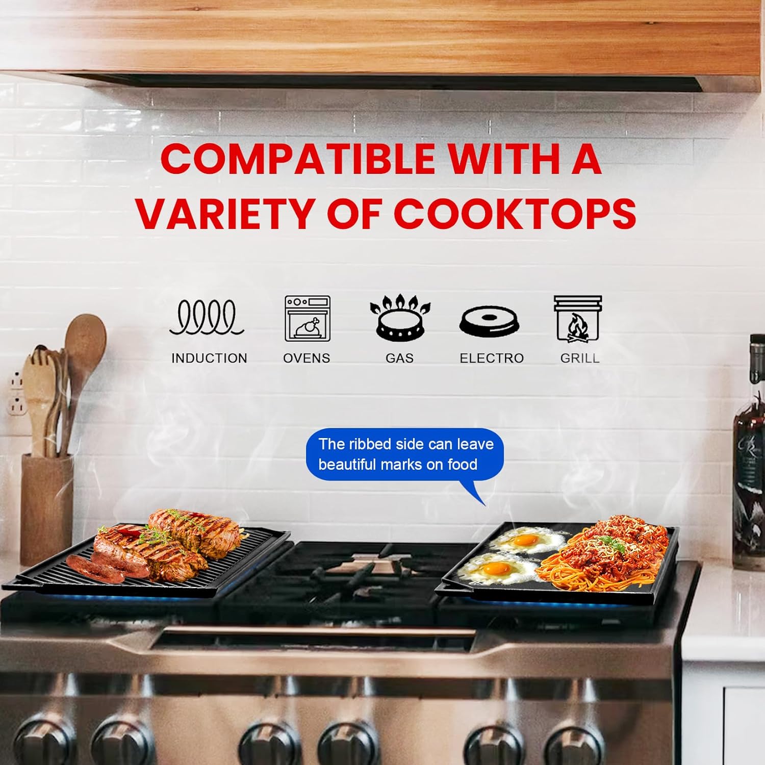 GGC Reversible Cast Iron Griddle, Double-sided Griddle Pan for Stove Tops, Gas Grills and Outdoor Cooking, 16.5 x 9.5 Baking Flat and Ribbed Griddle Plate