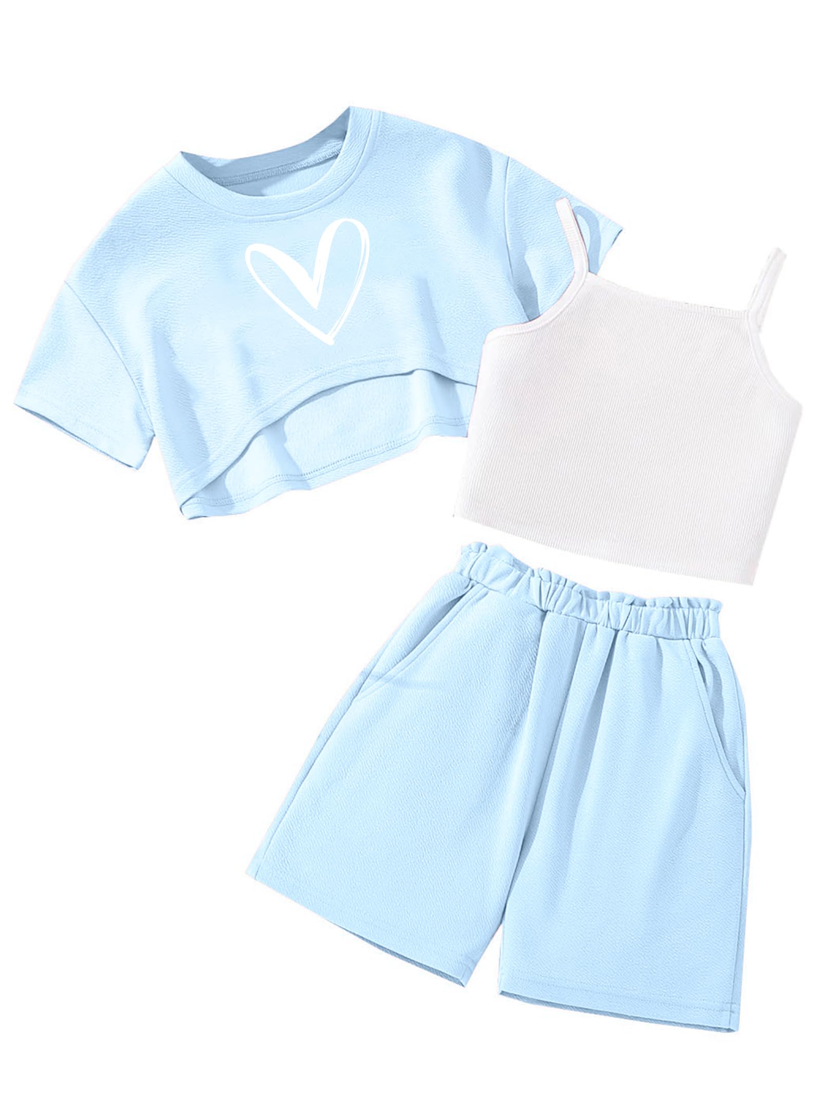Hilinker Girls 3 Piece Summer Outfits Graphic Crop Tee and Cami Top with Shorts Set