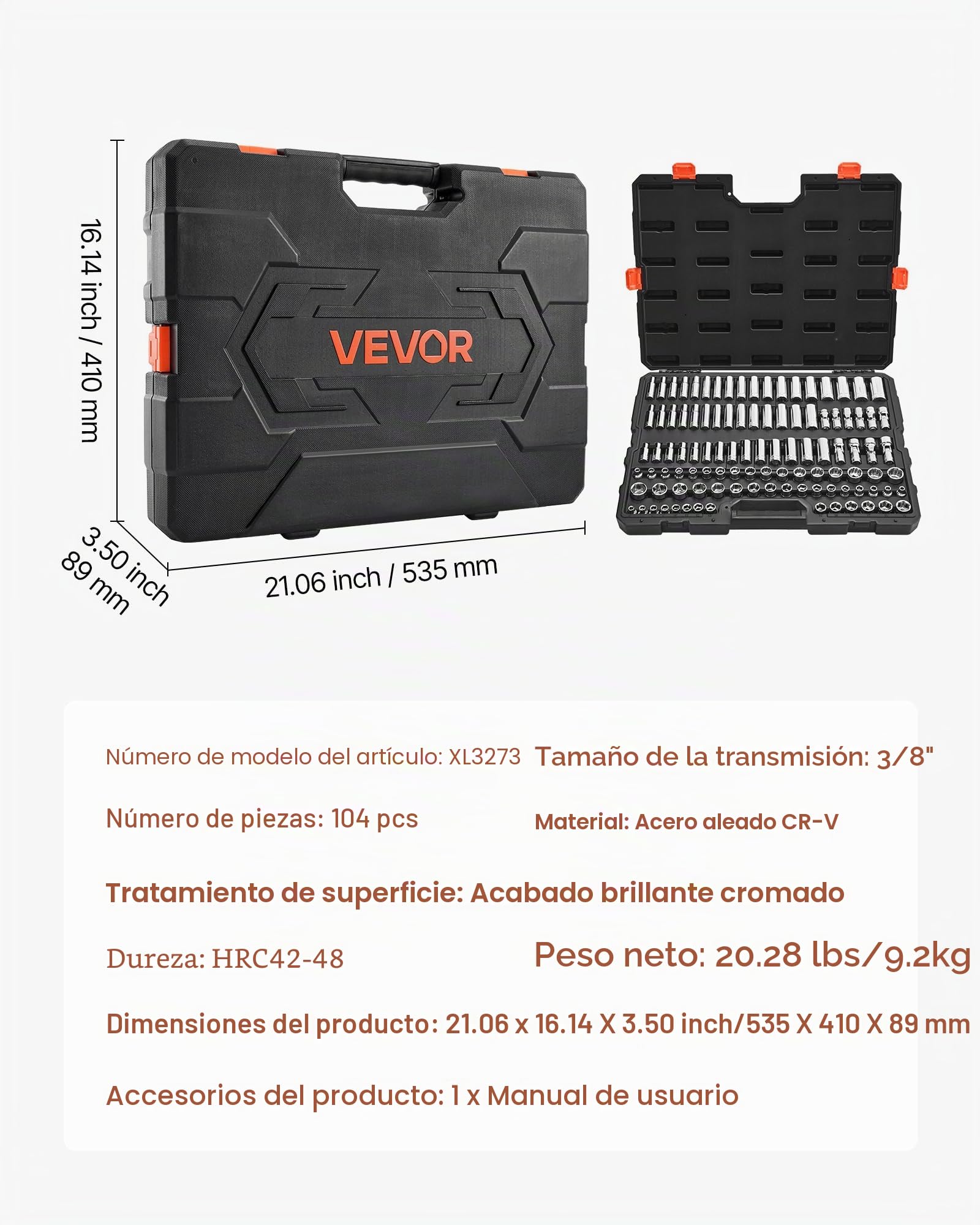 VEVOR Juego de Llaves de Vaso, con Accionamiento 9,5 mm, Medidas Métricas 6 a 24 mm, Profundas y Estándar, para Mecánicos con Estuche, Acero de Aleación CR-V Cromado, 535 x 410 x 89 mm, 104 uds