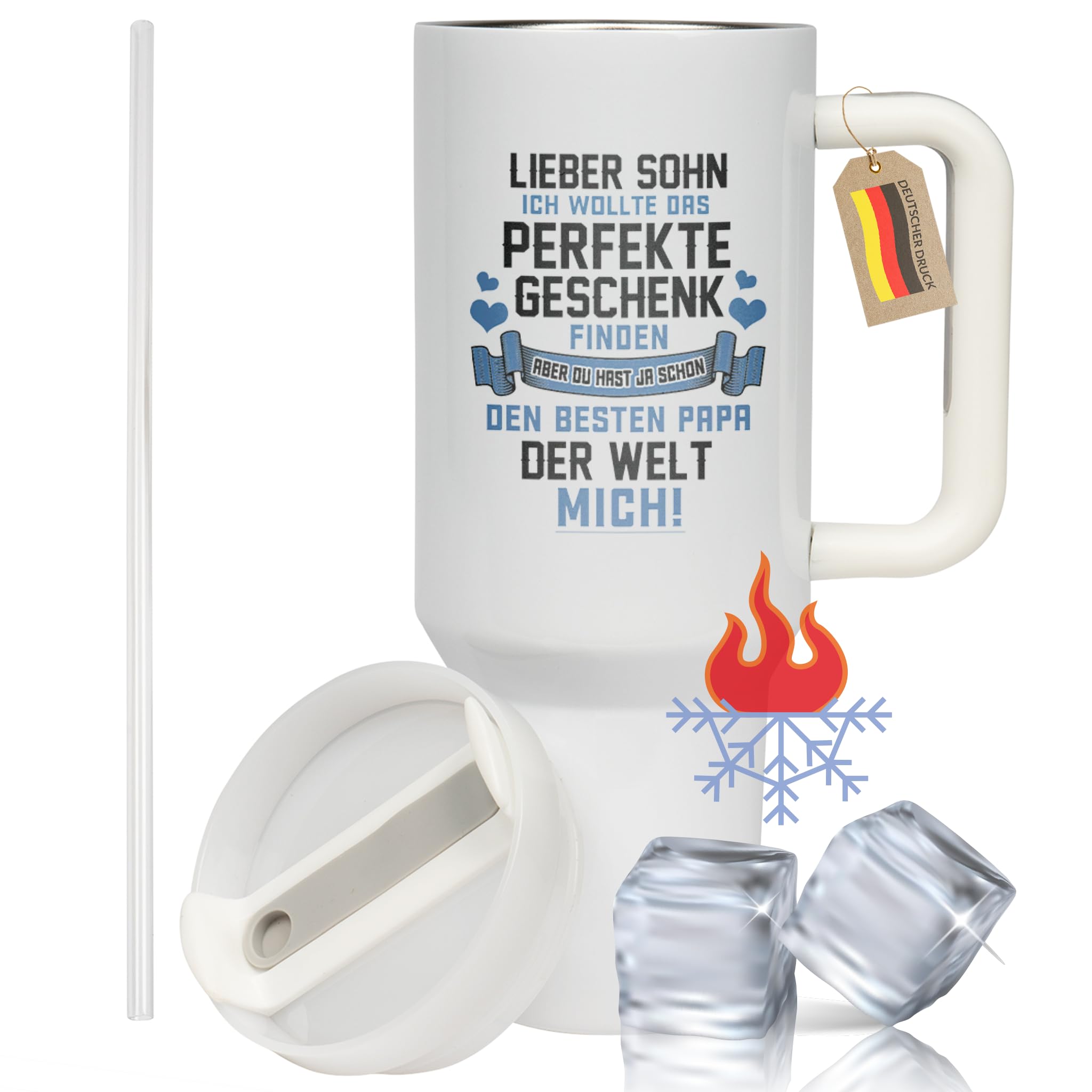 XXL Thermobecher für Sohn – Geschenk zum Geburtstag & Weihnachten – Edelstahl Trinkflasche, Weiß mit Lustigem Spruch vom Papa (WIEDERVERWENDBAR)