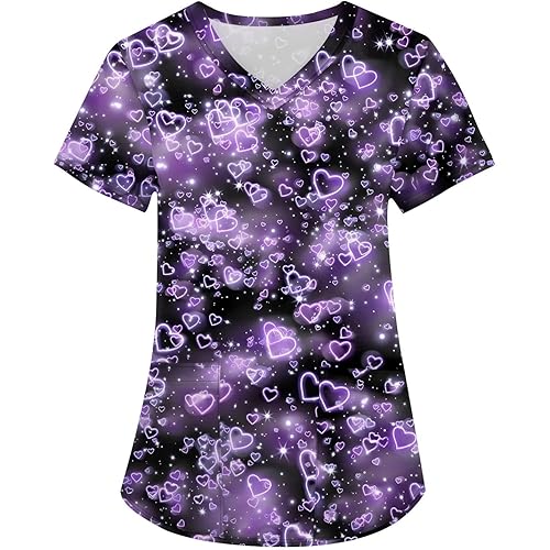 Scrub Tops Women Short Sleeve Plus Size V-Neck Fun Printed Scrubs Top Medical Nursing Uniforms with Pockets S-5Xl