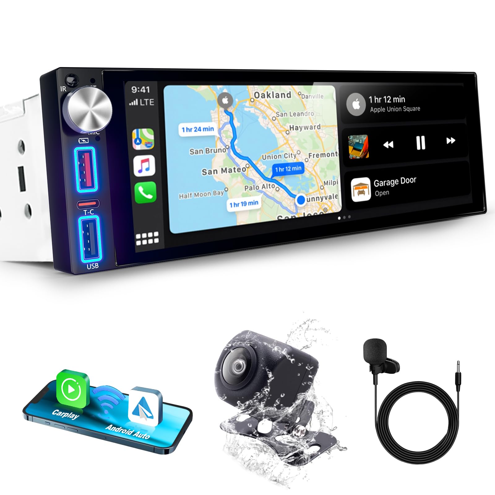 DAB/DAB+ 6,8 Zoll 1 DIN HD Autoradio mit Drahtlosem CarPlay & Android Auto, Type-C Schnellladung, DSP, Voice Control, AHD Rückfahrkamera &Mikrofonunterstützung, Bluetooth 5.2, AM/FM/RDS, AUX, SWC