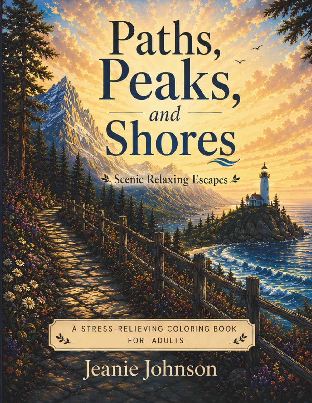Paths, Peaks and Shores: Scenic Relaxing Escapes: A Stress Relieving Nature Coloring Book for Adults