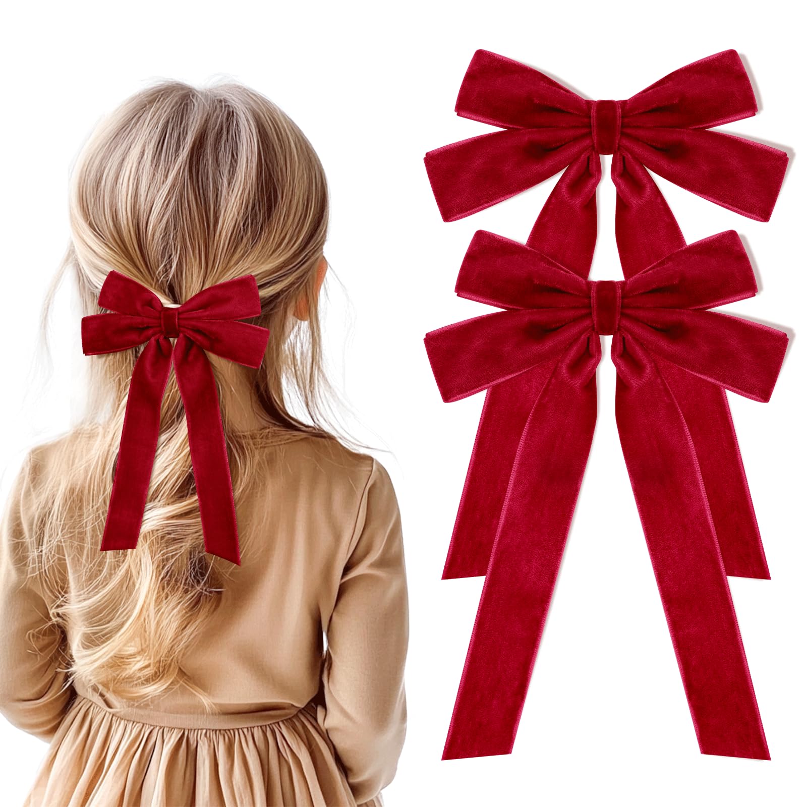2PCS Red Hair Bows Soft Velvet Bow Hair Clip with Long Tail Hair Accessories for Women Girls Toddlers