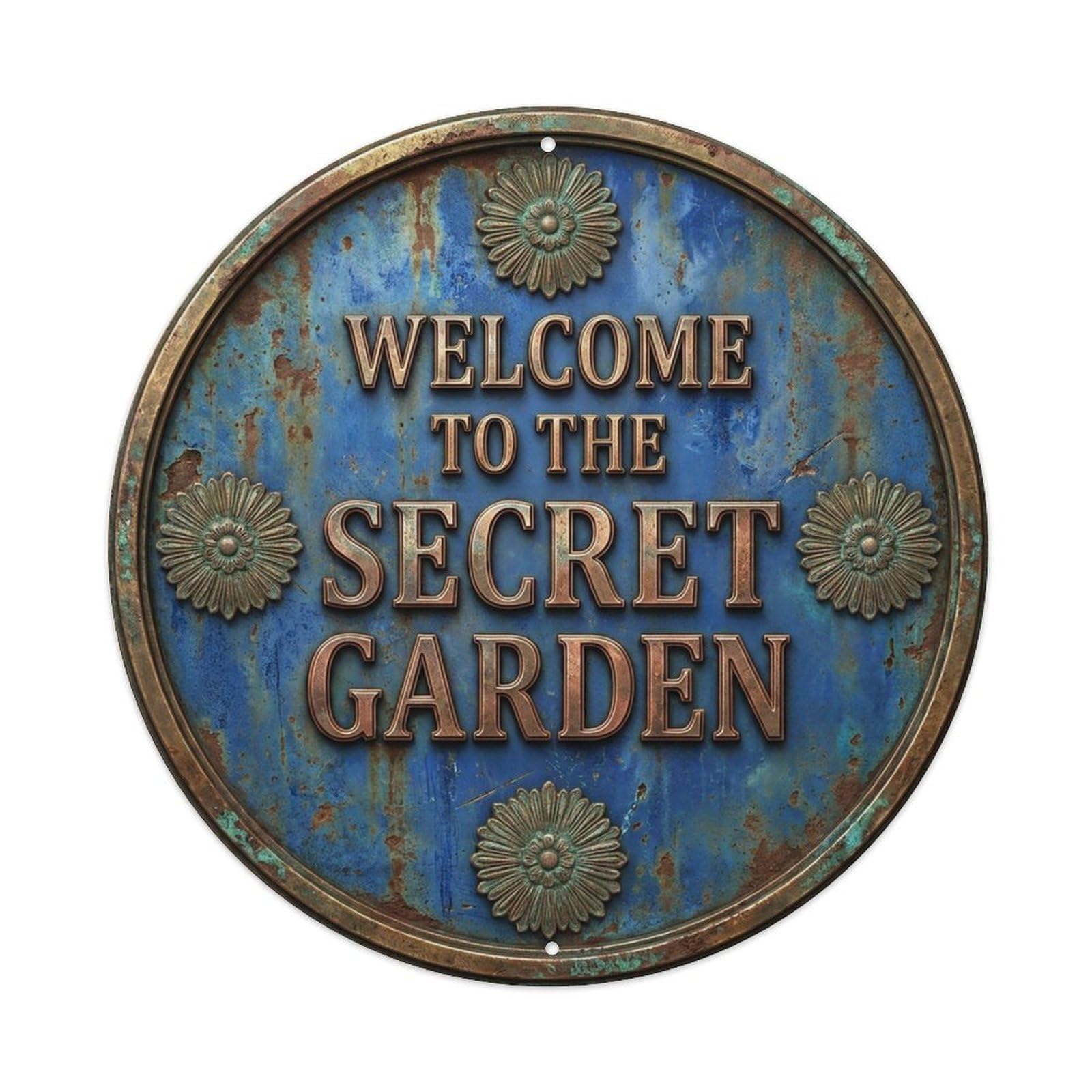 Vintage Welcome Secret Garden Bronze Cobalt Radial Metal Tin Sign